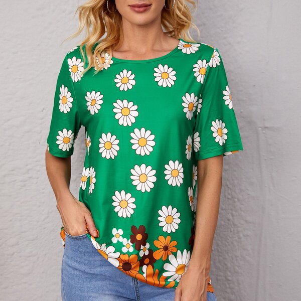 

Floral Print Round Neck Tee, Multicolor