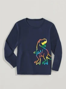 SHEIN Young Boy 1 Piece Of Fashionable Casual Colorful Dinosaur Print Round Neck Long-Sleeved T-Shirt - Navy Blue - View 1