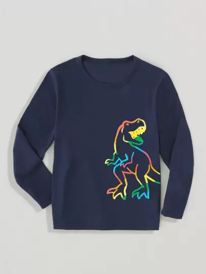 SHEIN Ung pojke 1 bit fashionabel Casual Färgglad dinosaurietryck rundhalsad långärmad T-shirt