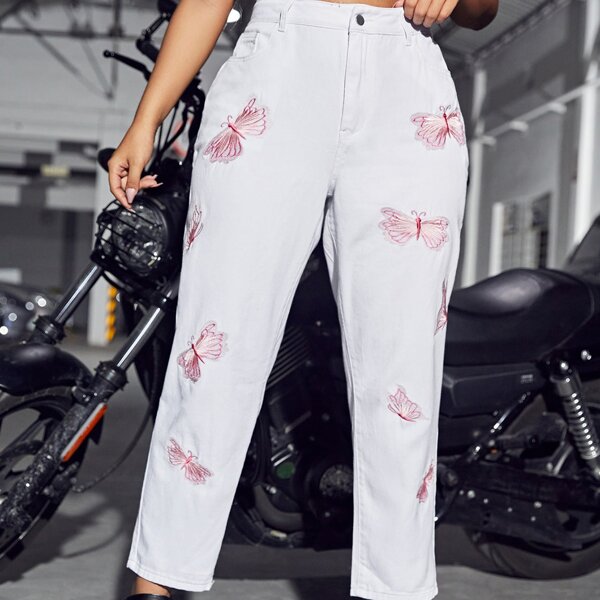 

Plus High Waist Butterfly Embroidery Jeans, White