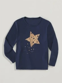 Tween Girl 1pc Fashionable Casual Long Sleeve T-Shirt With Five-Pointed Star Print - Navy Blue - View 1