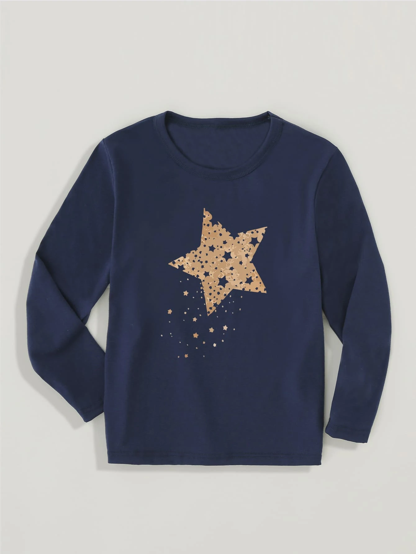 Tween Girl 1pc Fashionable Casual Long Sleeve T-Shirt With Five-Pointed Star Print - Navy Blue - View 1