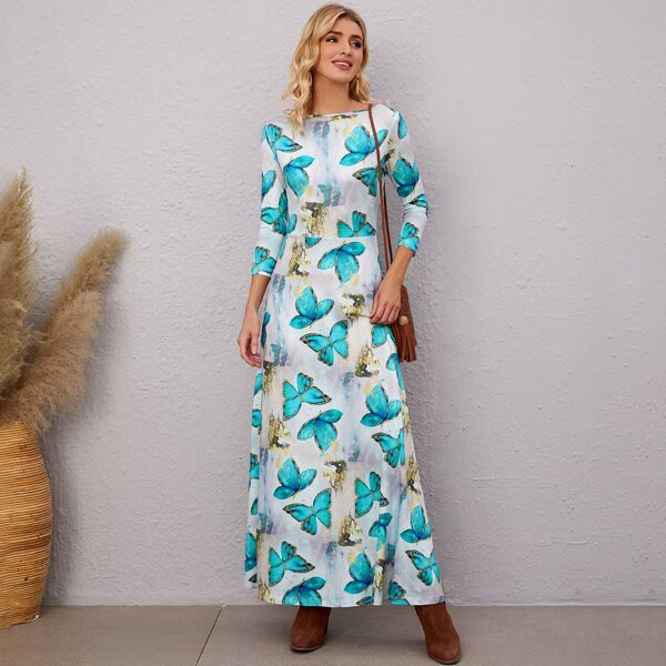 

Butterfly Print Boat Neck A-line Dress, Multicolor