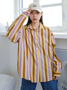 DAZY 条纹纽扣前开襟超大衬衫，秋季女装长袖上衣 - 彩色 - 查看 1