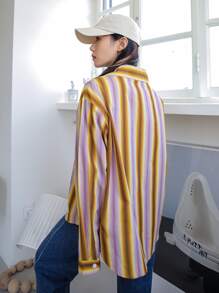DAZY 条纹纽扣前开襟超大衬衫，秋季女装长袖上衣 - 彩色 - 查看 2