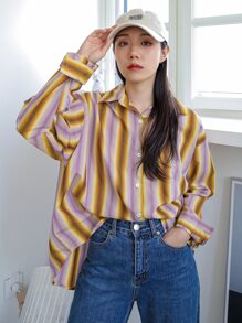 DAZY 条纹纽扣前开襟超大衬衫，秋季女装长袖上衣 - 彩色 - 查看 4