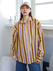 DAZY 条纹纽扣前开襟超大衬衫，秋季女装长袖上衣 - 彩色 - 查看 5