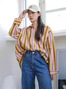 DAZY 条纹纽扣前开襟超大衬衫，秋季女装长袖上衣 - 彩色 - 查看 6