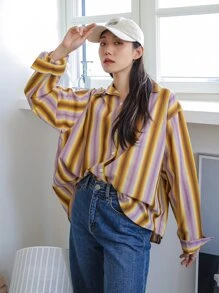 DAZY 条纹纽扣前开襟超大衬衫，秋季女装长袖上衣 - 彩色 - 查看 7