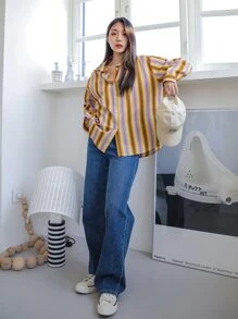 DAZY 条纹纽扣前开襟超大衬衫，秋季女装长袖上衣 - 彩色 - 查看 8