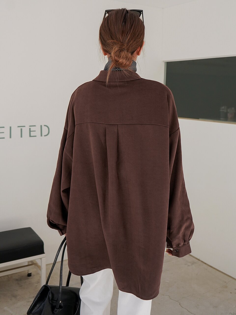 Button Front Curved Hem Drop Shoulder Oversized Blouse