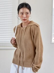 DAZY Suéter Sólido Con Detalle De Nudo Y Mangas Raglan - Caqui - Ver 5