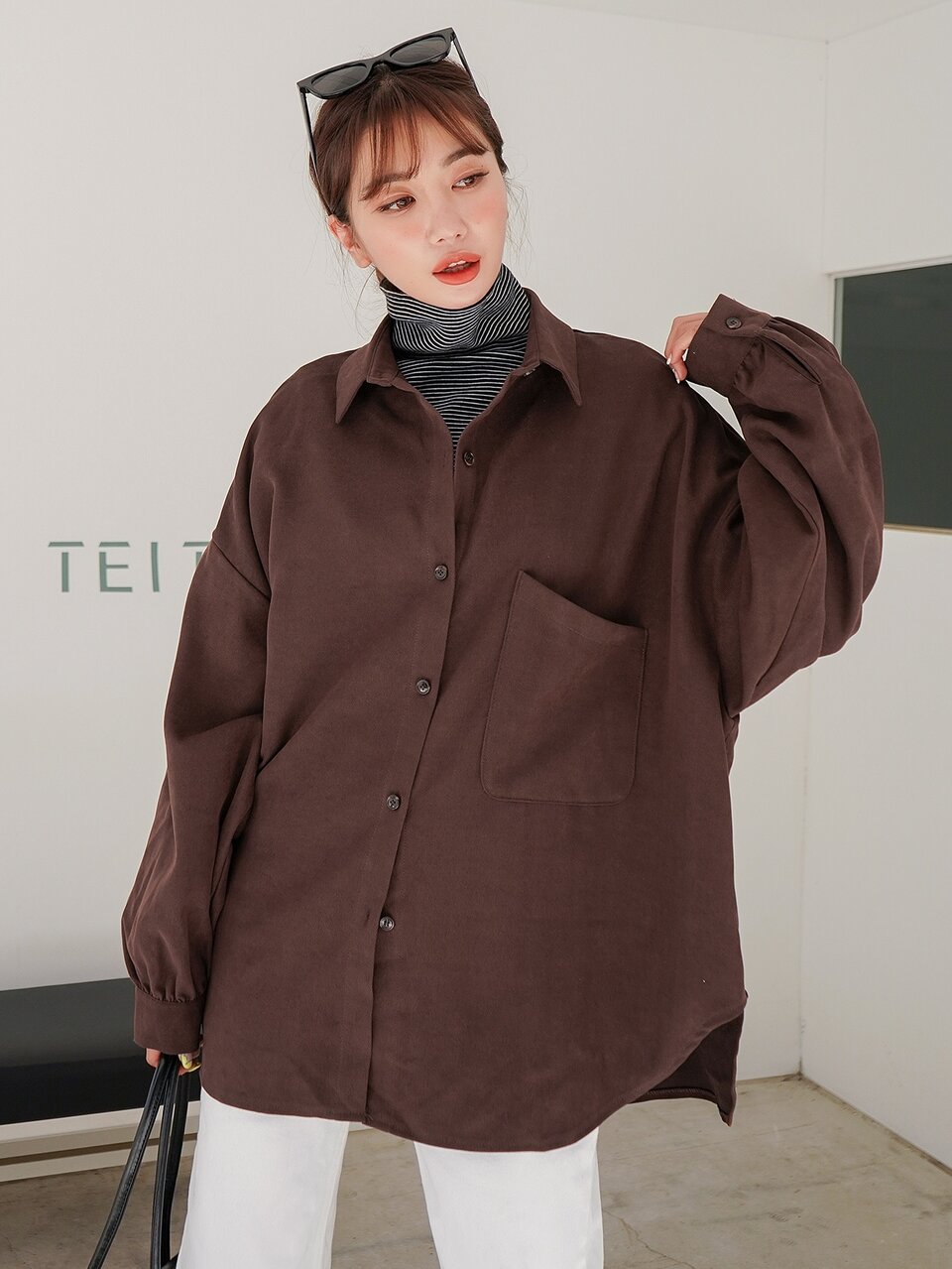 Button Front Curved Hem Drop Shoulder Oversized Blouse