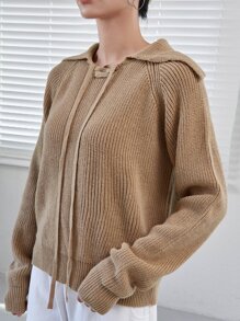 DAZY Suéter Sólido Con Detalle De Nudo Y Mangas Raglan - Caqui - Ver 3