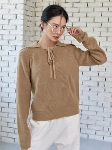 DAZY Suéter Sólido Con Detalle De Nudo Y Mangas Raglan - Caqui - Ver 7