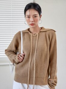 DAZY Suéter Sólido Con Detalle De Nudo Y Mangas Raglan - Caqui - Ver 4