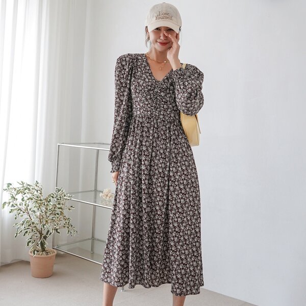 

Ditsy Floral Puff Sleeve A-line Dress, Multicolor