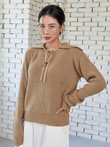 DAZY Suéter Sólido Con Detalle De Nudo Y Mangas Raglan - Caqui - Ver 1