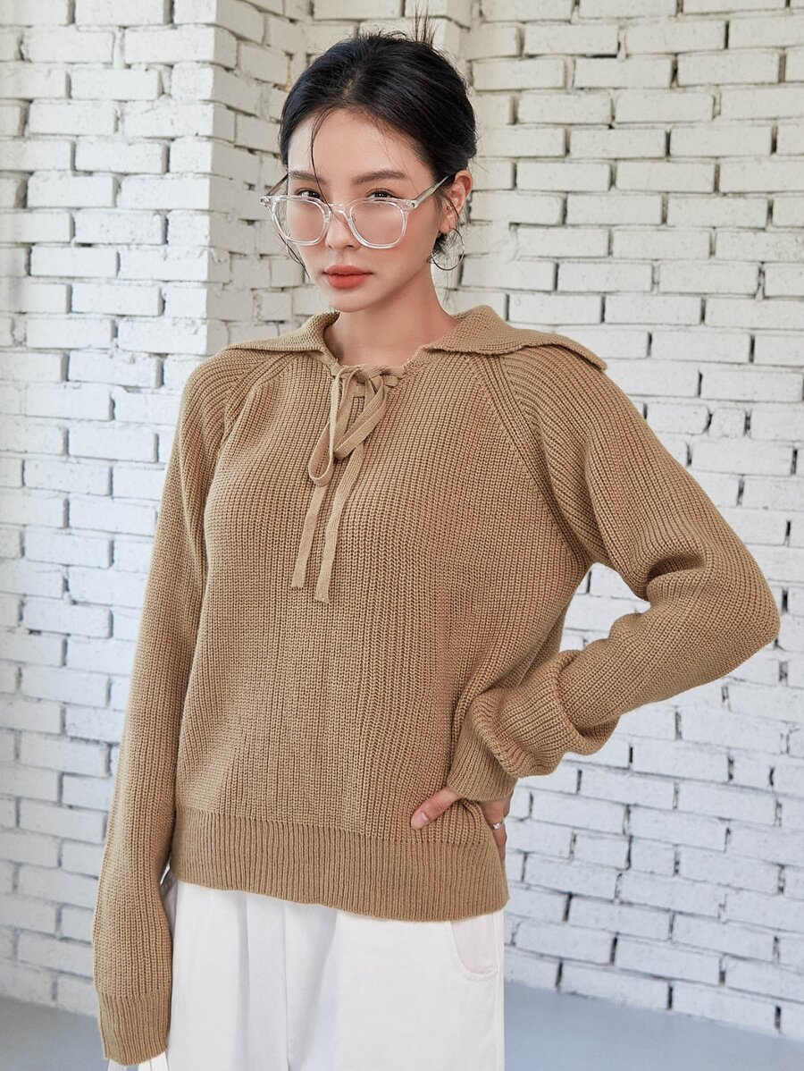 DAZY Suéter Sólido Con Detalle De Nudo Y Mangas Raglan - Caqui - Ver 1