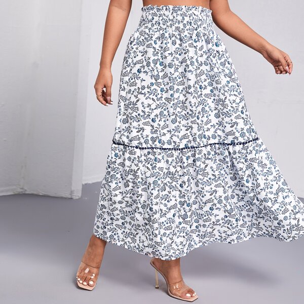 

Plus Allover Floral Print Guipure Lace Detail Shirred Waist Skirt, White