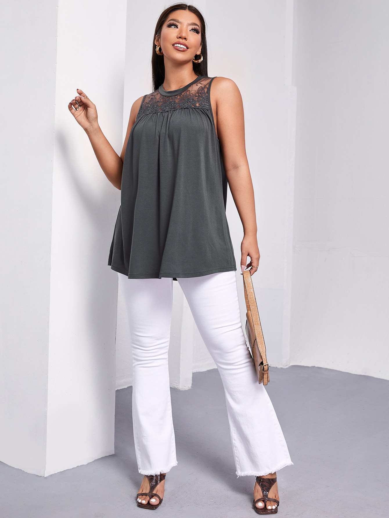 SHEIN Clasi Plus Embroidery Mesh Yoke Tank Top SHEIN USA