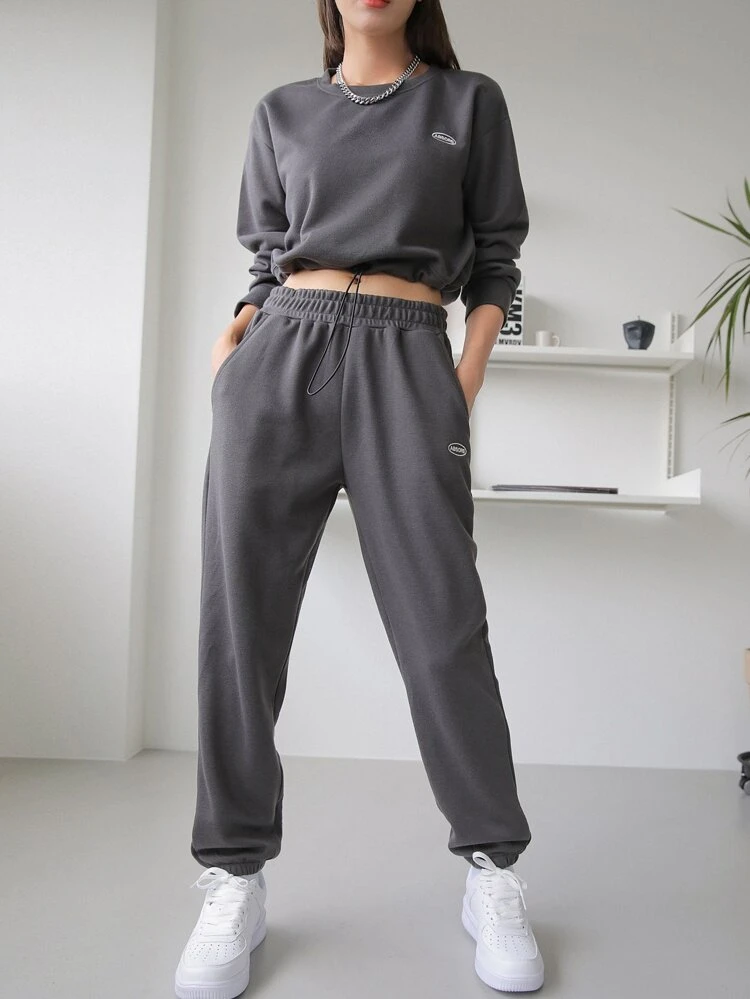 Drop Shoulder Patched Drawstring Sweatshirt & Sweatpants