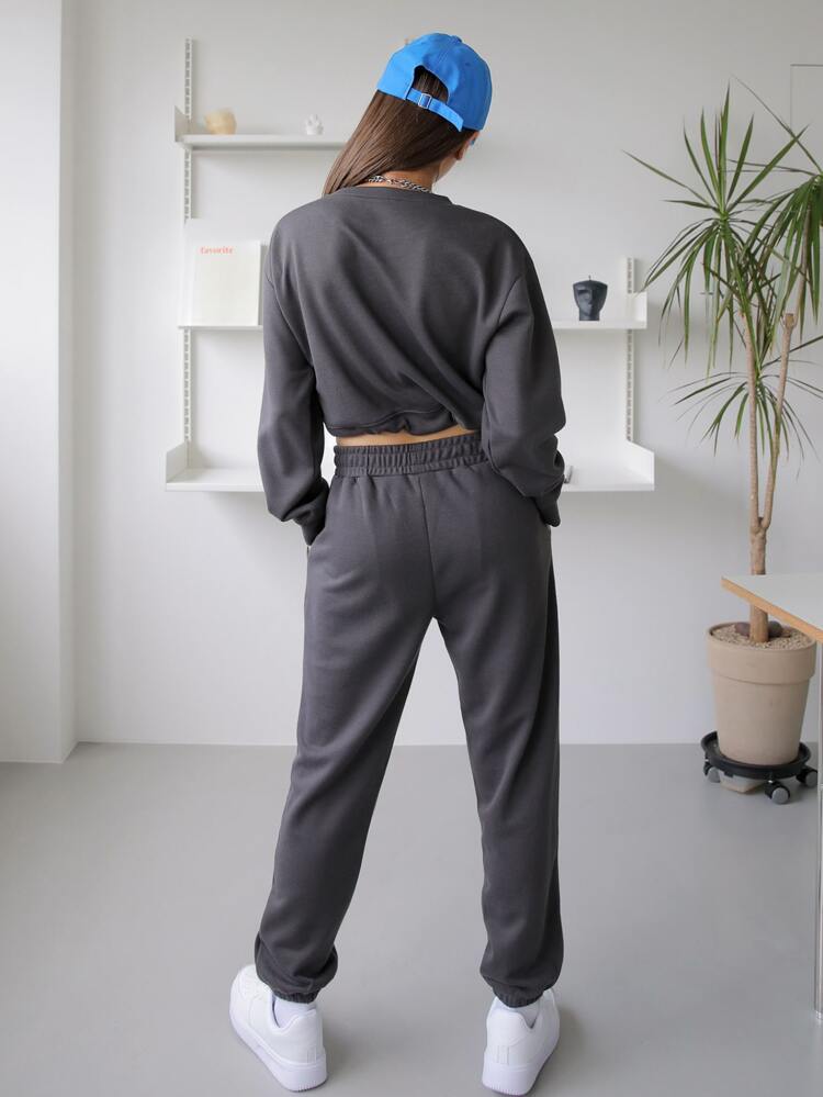 Drop Shoulder Patched Drawstring Sweatshirt & Sweatpants