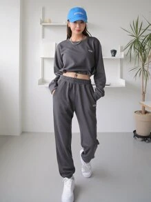 DAZY 下垂肩撞色束口運動衫&運動長褲 - 深灰色 - 查看 3