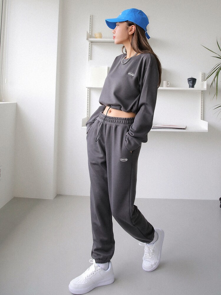 DAZY 下垂肩撞色束口運動衫&運動長褲 - 深灰色 - 查看 4