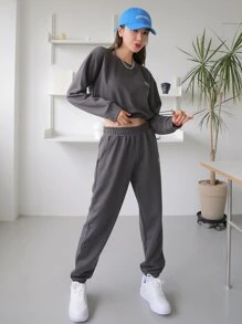 DAZY 下垂肩撞色束口運動衫&運動長褲 - 深灰色 - 查看 5