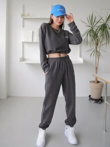 DAZY 下垂肩撞色束口運動衫&運動長褲 - 深灰色 - 查看 6