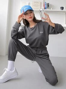 DAZY 下垂肩撞色束口運動衫&運動長褲 - 深灰色 - 查看 7