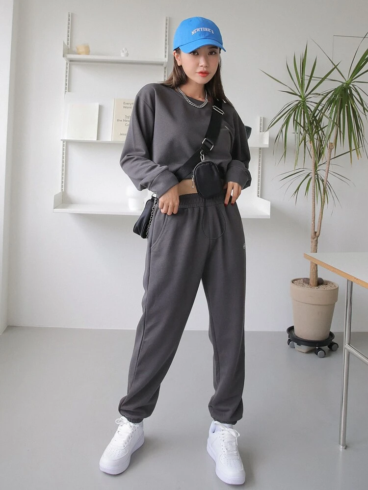 Drop Shoulder Patched Drawstring Sweatshirt & Sweatpants