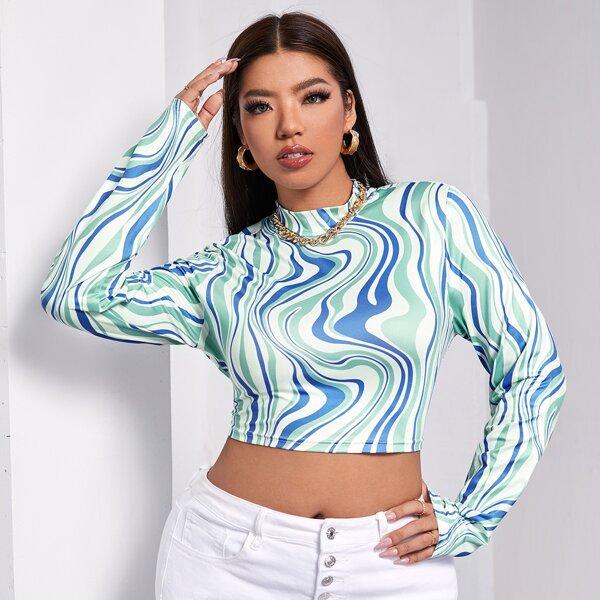 

Plus Marble Print Mock Neck Crop Tee, Multicolor