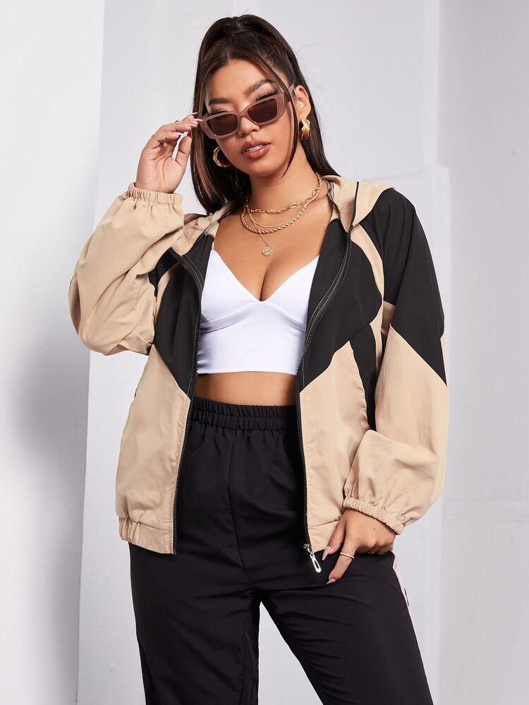 Flirla Plus Color Block Zip Up Hooded Jacket & Joggers - Multicolor - View 4