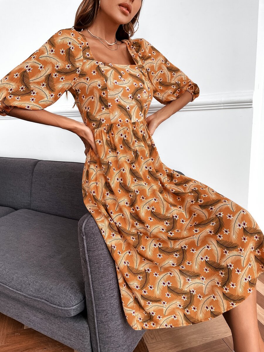 SHEIN Unity 滿版印花後綁帶泡泡袖連衣裙 - 彩色 - 查看 1