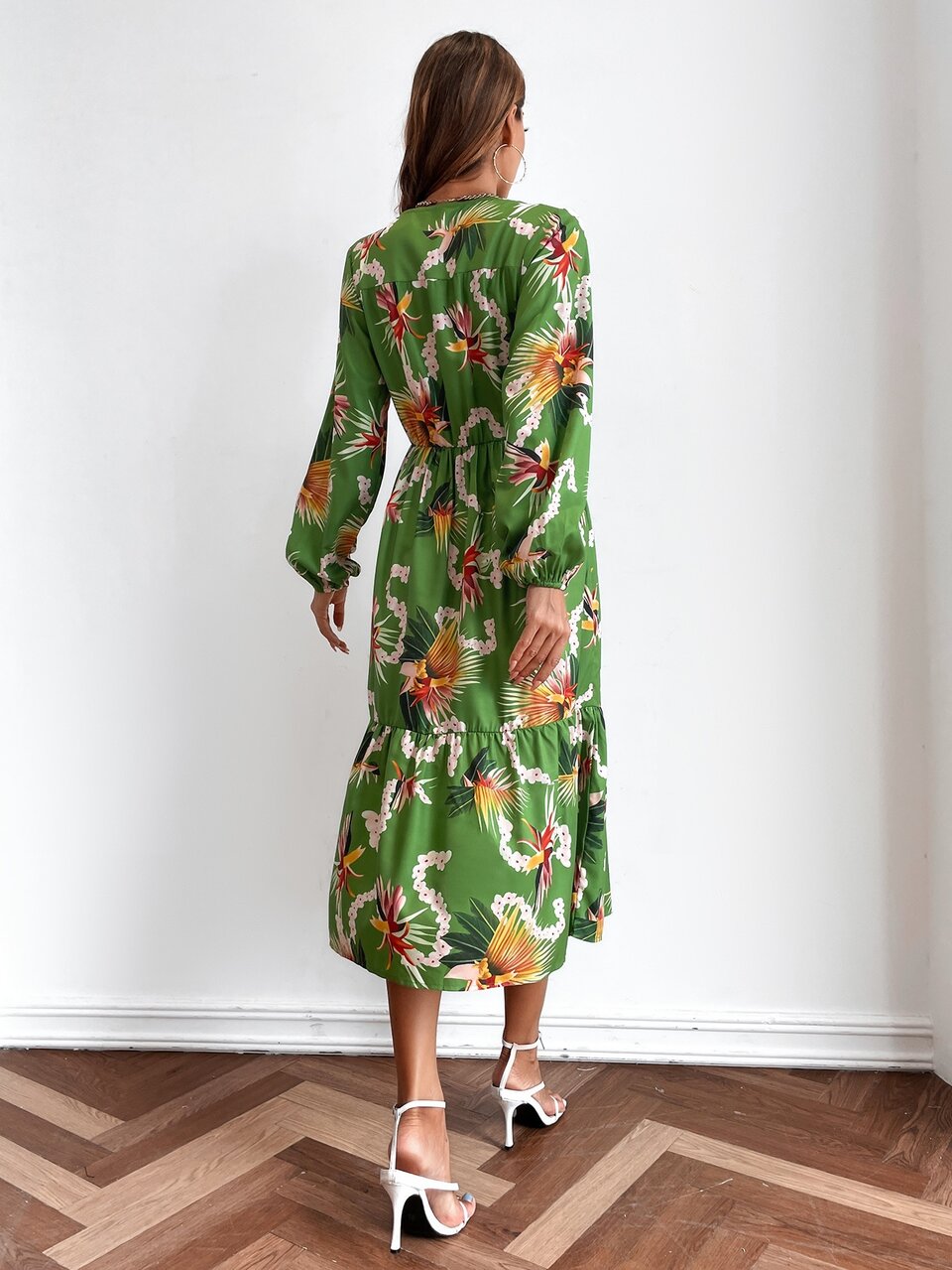 Floral Print V-neck Ruffle Hem A-line Dress