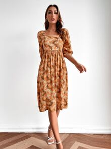 SHEIN Unity 滿版印花後綁帶泡泡袖連衣裙 - 彩色 - 查看 3