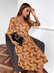 SHEIN Unity 滿版印花後綁帶泡泡袖連衣裙 - 彩色 - 查看 4