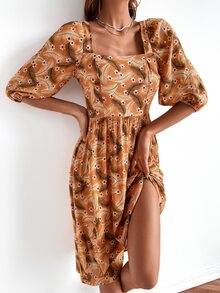 SHEIN Unity 滿版印花後綁帶泡泡袖連衣裙 - 彩色 - 查看 5