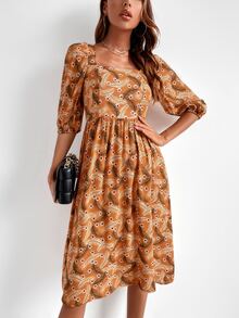 SHEIN Unity 滿版印花後綁帶泡泡袖連衣裙 - 彩色 - 查看 6