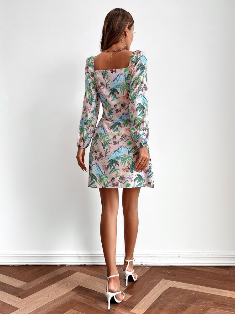 Aveloria Tropical Print Knot Front Sweetheart Neck Dress Fall Cloth For Women - Multicolor - View 2