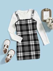 SHEIN Tween Girl Plaid Print Cami Dress & Tee - Black and White - View 1