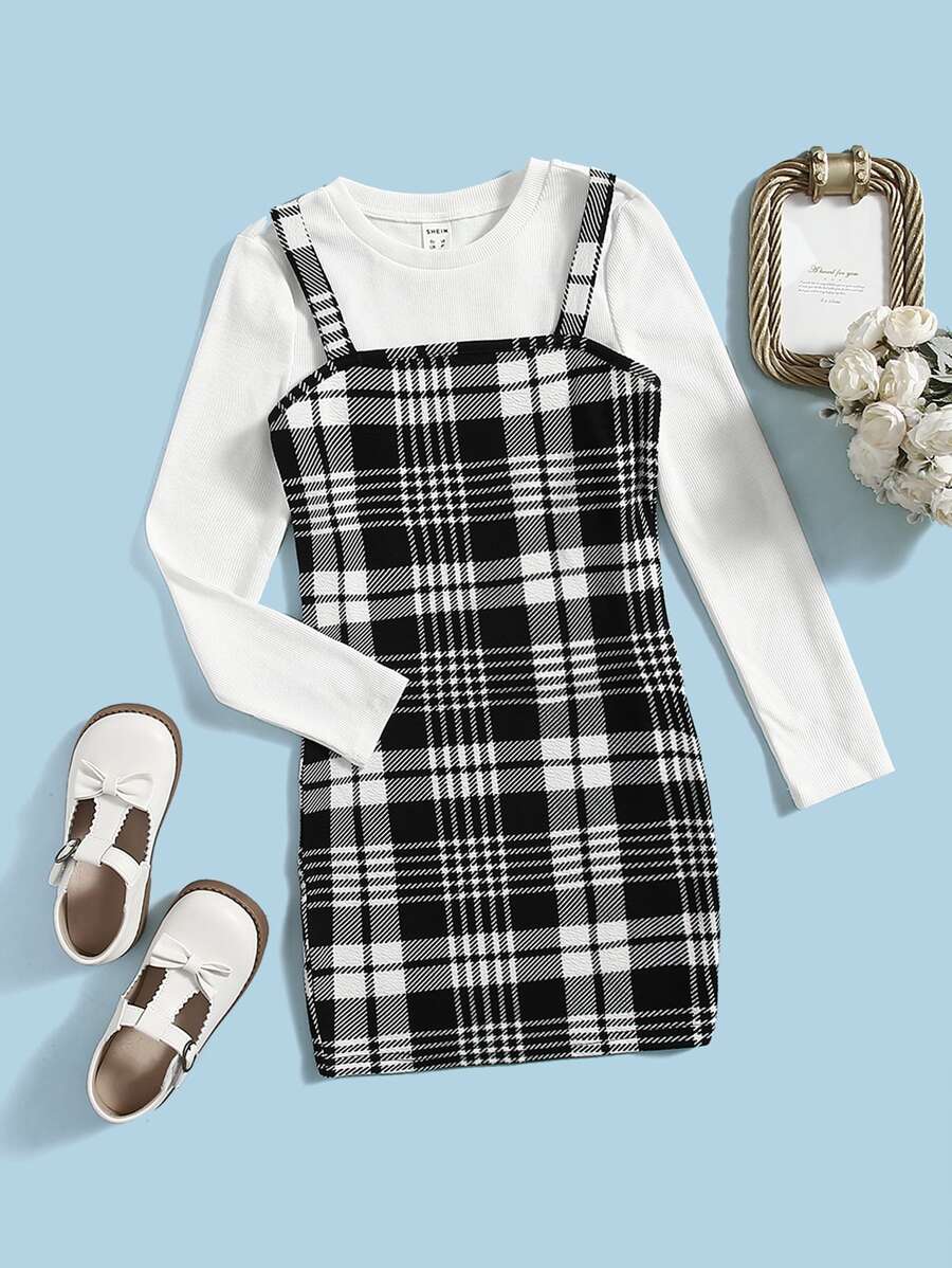SHEIN Tween Girl Plaid Print Cami Dress & Tee - Black and White - View 1