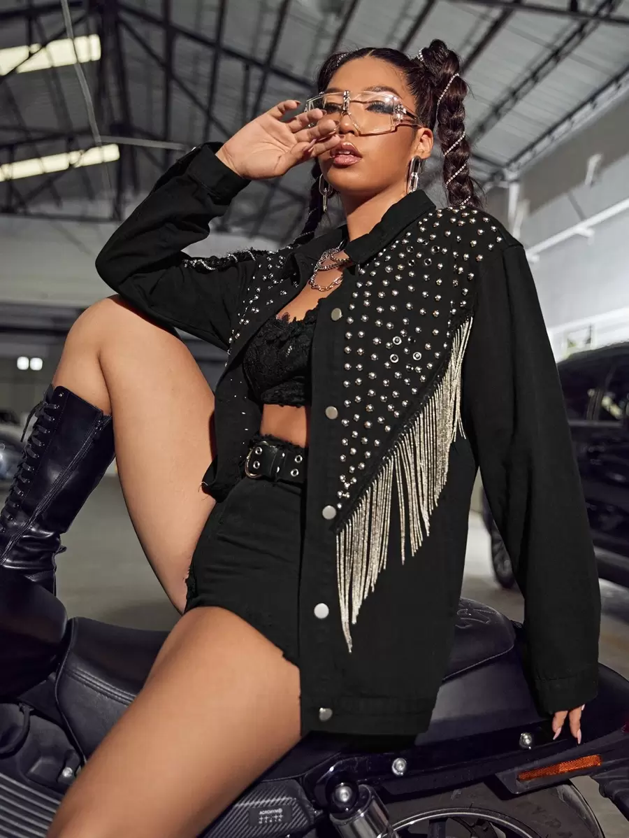 SHEIN Cazadora mezclilla con diseño de tachuela ribete con fleco - Negro - Ver 1