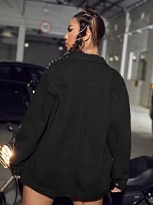 SHEIN Plus Studded Detail Fringe Trim Denim Jacket - Black - View 6