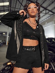 SHEIN Plus Studded Detail Fringe Trim Denim Jacket - Black - View 8