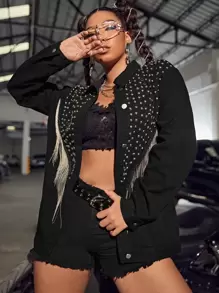 SHEIN Plus Studded Detail Fringe Trim Denim Jacket - Black - View 7