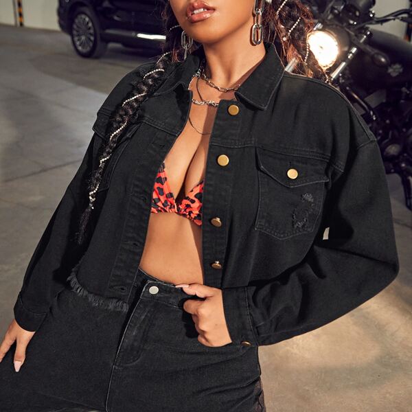 

Plus Ripped Raw Trim Flap Pocket Denim Jacket, Black