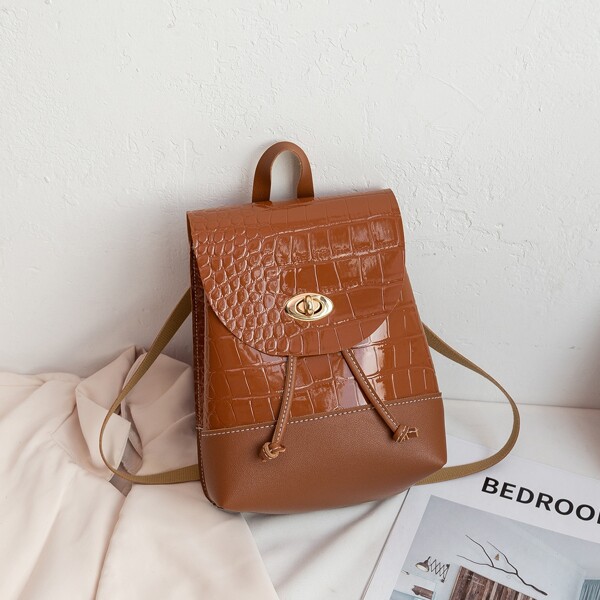 

Croc Embossed Turn-lock Flap Backpack, Brown